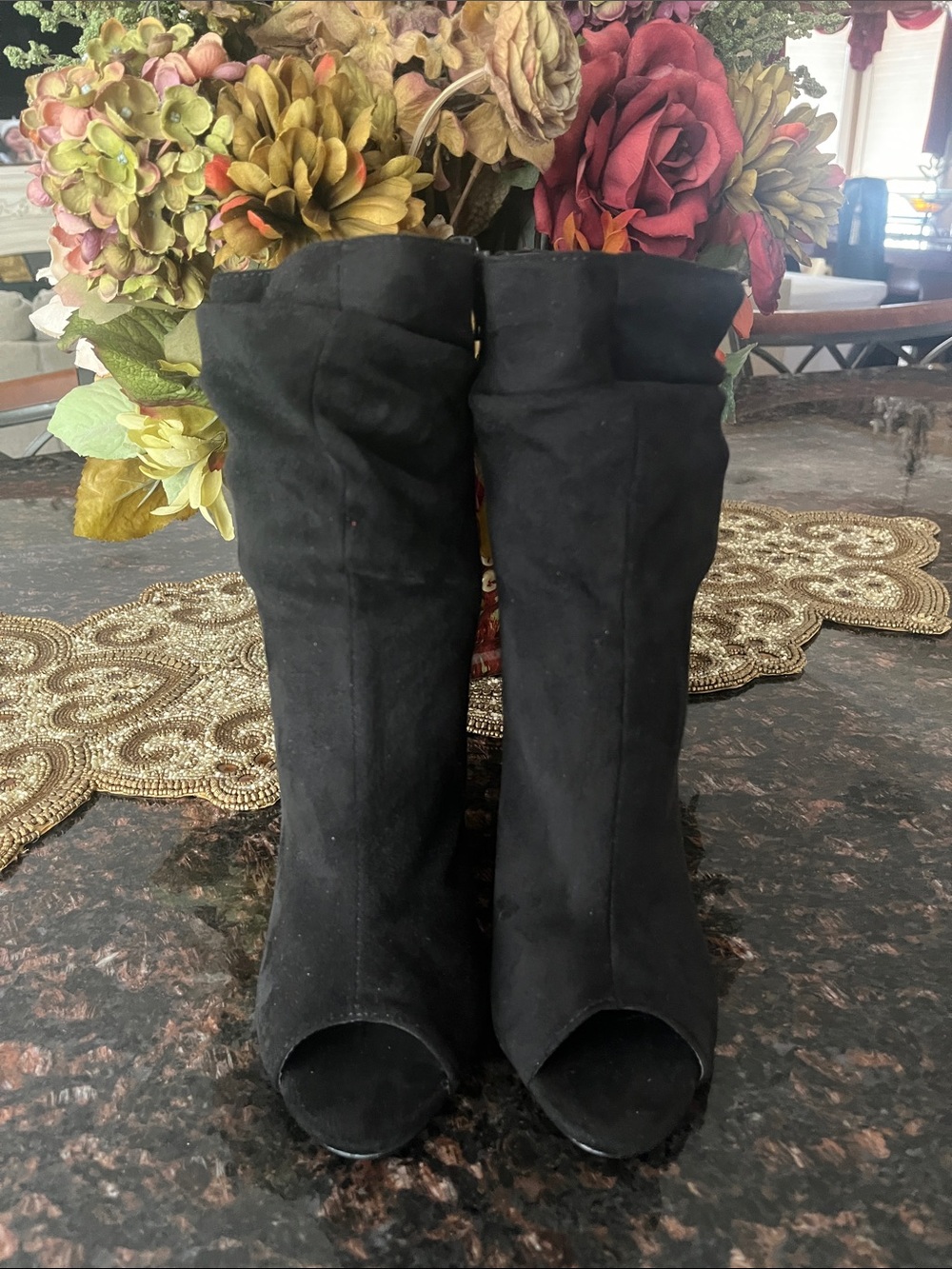 VENUS Black Peep-Toe Suede Calf-High Heeled Boots Size 7